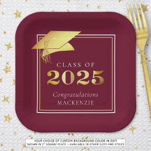 Graduation 2025 Maroon Faux Gold or Custom Color Paper Plates