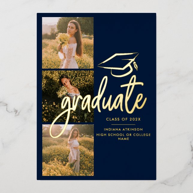 Graduation 2025 Navy Photo Gold Foil Announcement (Front)