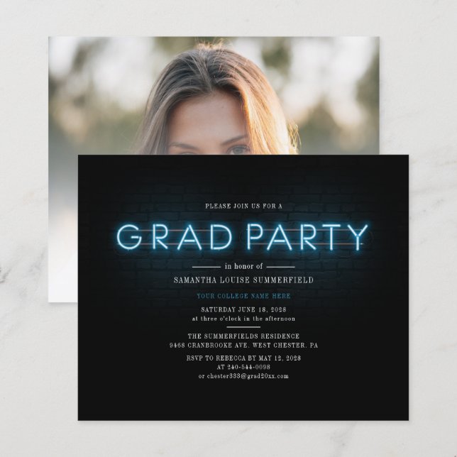 Graduation 2025 Neon Grad Photo Party Invitation (Front/Back)