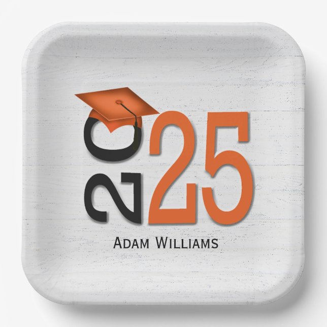 Graduation 2025 Orange and Black On Wood Paper Plates (Front)