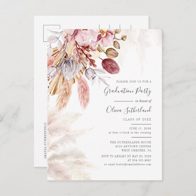 Graduation 2025 Pampas Grass Grad Party Invitation Postcard (Front/Back)