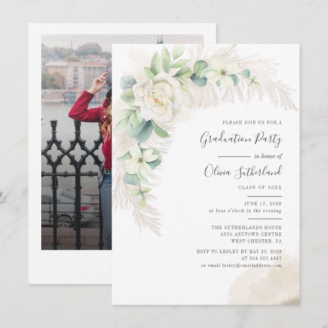 Graduation 2025 Photo Botanical Grad Party Invitation (Front/Back)