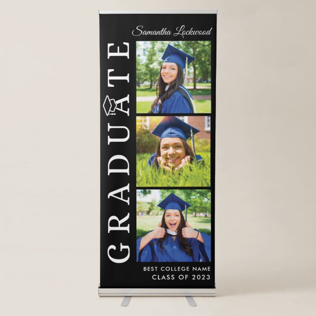 Graduation 2025 Photo Collage Black and White Grad Retractable Banner (Front)