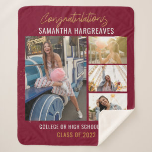Graduation 2025 Photo Collage Burgundy Grad Sherpa Blanket