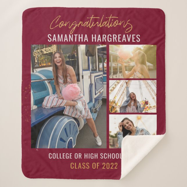  Graduation 2025 Photo Collage Burgundy Grad Sherpa Blanket (Front)
