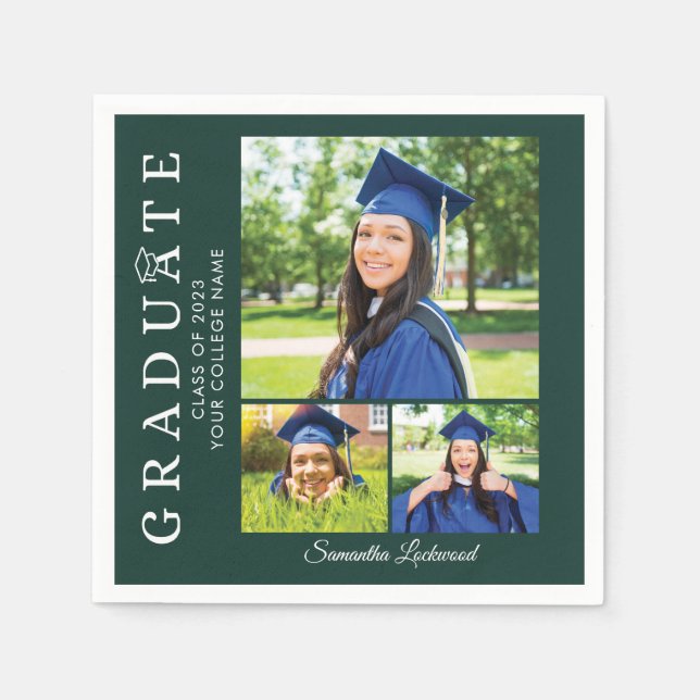Graduation 2025 Photo Collage Green Grad Party Napkins (Front)