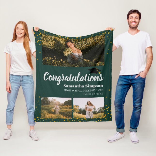 Graduation 2025 Photo Collage Green Script Fleece Blanket (In Situ)