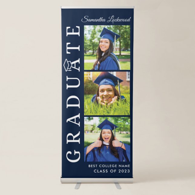 Graduation 2025 Photo Collage Navy Blue and White Retractable Banner (Front)