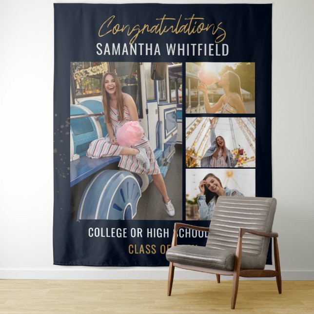 Graduation 2025 Photo Collage Navy Blue Photobooth Tapestry (In Situ)