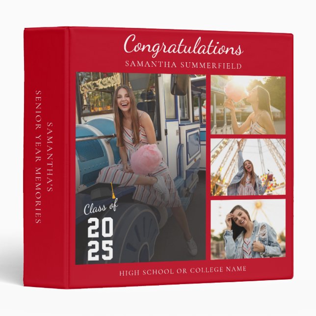 Graduation 2025 Photo Collage Red Grad Keepsake 3 Ring Binder (Front/Spine)