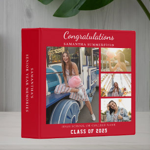 Graduation 2025 Photo Collage Red Grad Keepsake 3 Ring Binder