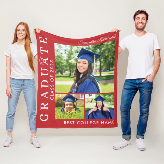 Graduation 2025 Photo Collage Red Grad Keepsake Fleece Blanket (In Situ)