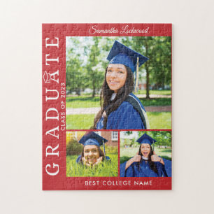 Graduation 2025 Photo Collage Red Grad Keepsake Jigsaw Puzzle