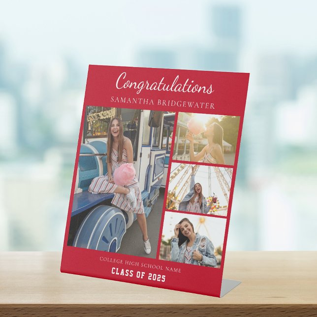 Graduation 2025 Photo Collage Red Graduate Custom Pedestal Sign (Graduation 2025 Photo Collage Pedestal Sign)