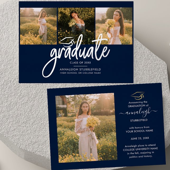 Graduation 2025 Photo Collage Script Navy Silver Foil Invitation (Graduation 2025 Script Photos Navy Blue Silver Foil Announcement)