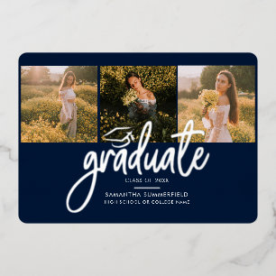 Graduation 2025 Photo Collage Script Navy Silver Foil Invitation