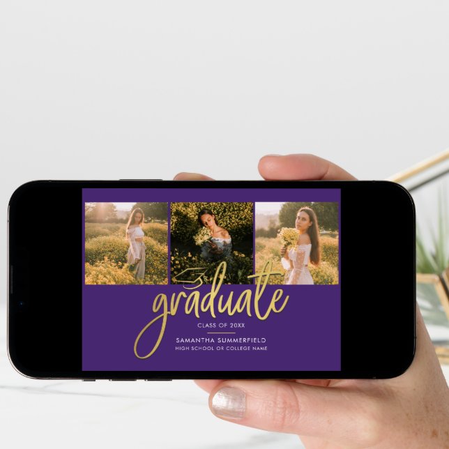 Graduation 2025 Photo Collage Script Purple Gold Announcement (Front Digital)