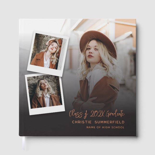 Graduation 2025 Photo Collage Script Rose Gold Foil Guest Book (Front)