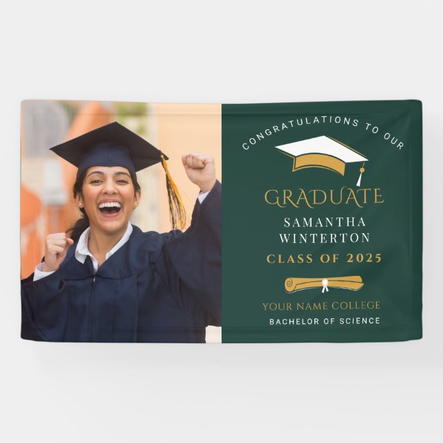 Graduation 2025 Photo Gold Green Graduate Party Banner (Horizontal)