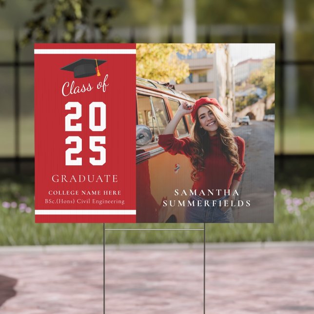 Graduation 2025 Photo Grad Party Sign (Graduation 2025 Red White Photo Grad Cap Yard Sign)