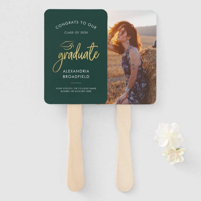 Graduation 2025 Photo Green Personalized Party Hand Fan (Front and Back)