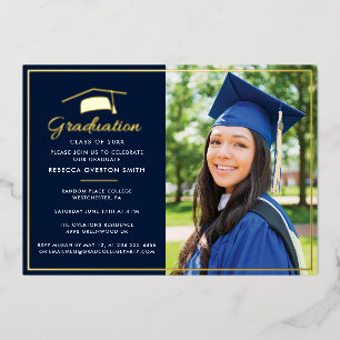Graduation 2025 Photo Navy Blue Script Party Gold Foil Invitation