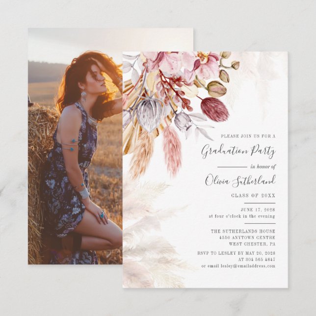 Graduation 2025 Photo Pampas Grass Grad Party Invitation (Front/Back)