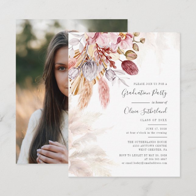 Graduation 2025 Photo Pampas Grass Graduate Party Invitation (Front/Back)
