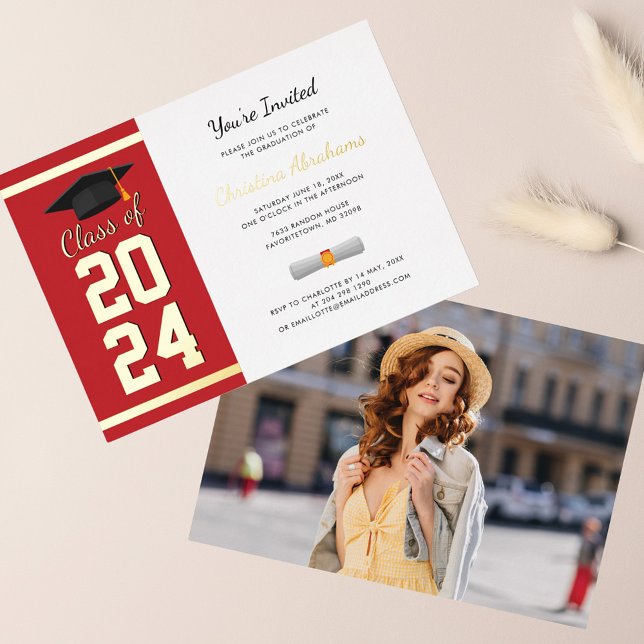 Graduation 2025 Photo Red Script Grad Party Gold Foil Invitation (Graduation Party Photo Gold Foil Invitation)