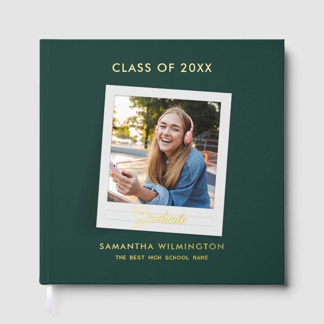 Graduation 2025 Photo Script Grad Party Gold Foil Guest Book (Front)