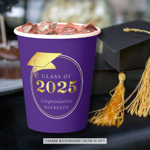 Graduation 2025 Purple Faux Metallic Gold Paper Cups