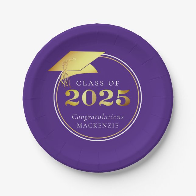 Graduation 2025 Purple Faux Metallic Gold Paper Plates (Front)