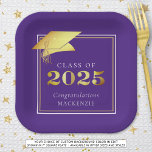 Graduation 2025 Purple Faux Metallic Gold Paper Plates<br><div class="desc">Elegant personalized custom color CLASS OF 2025 graduation party paper plates with CONGRATULATIONS and your graduate's name accented with a faux metallic gold foil 2025 and graduation cap or mortarboard in your choice of background color (shown in purple) you can change to a school color or coordinating party theme color....</div>