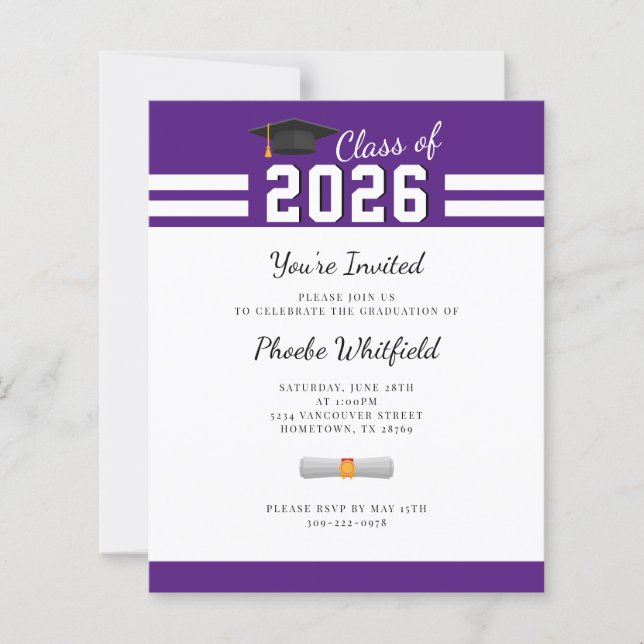 Graduation 2025 Purple White Grad Party Invitation (Front)