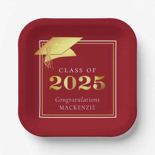 Graduation 2025 Red Faux Metallic Gold Paper Plates (Front)