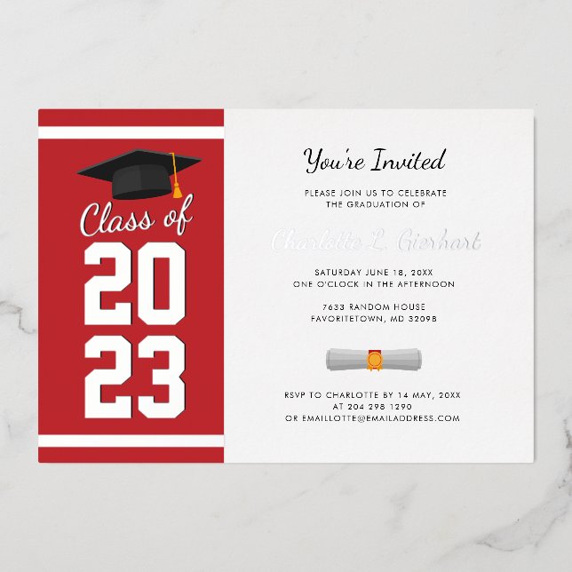 Graduation 2025 Red Script Grad Party Silver Foil Invitation (Front)