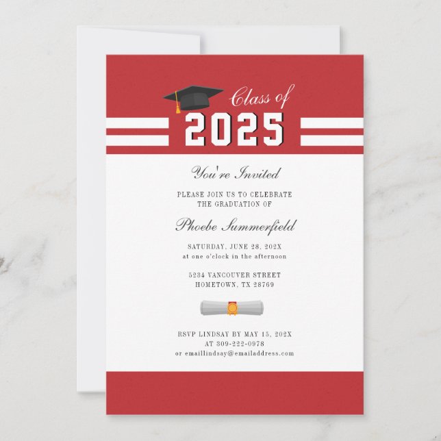 Graduation 2025 Red White Simple Grad Party Invitation (Front)