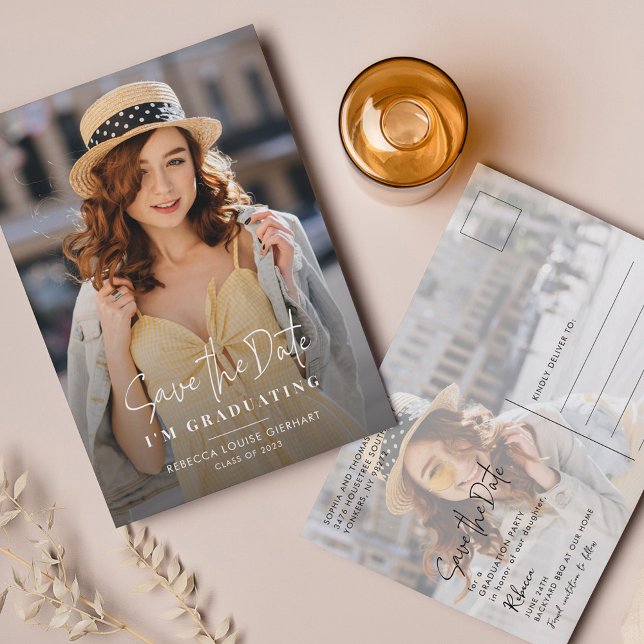 Graduation 2025 Save the Date Grad Photo Announcement Postcard (Graduation Photos Script Save the Date Announcement Postcard)