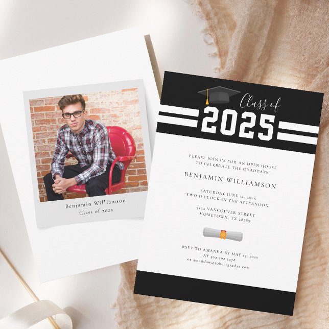 Graduation 2025 Script Grad Photo Invitation (Graduation 2025 Grad Photo Party Black and White Invitation)