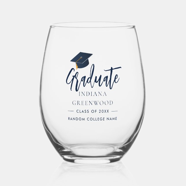 Graduation 2025 Script Navy Blue Personalized Stemless Wine Glass (Front)