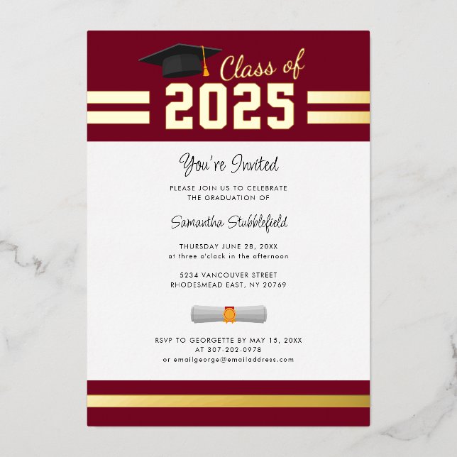 Graduation 2025 Senior Burgundy Grad Party Gold Foil Invitation (Front)