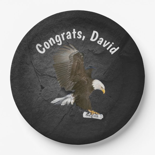 Graduation 2026 Bald Eagle with Diploma and Name Paper Plates (Front)