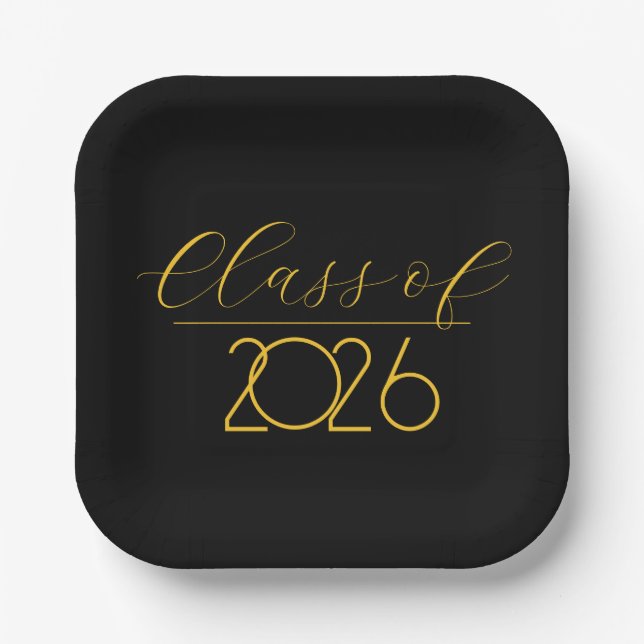 Graduation 2026 Black and Gold Paper Plates (Front)