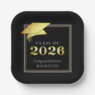 Graduation 2026 Black Faux Metallic Gold Paper Plates