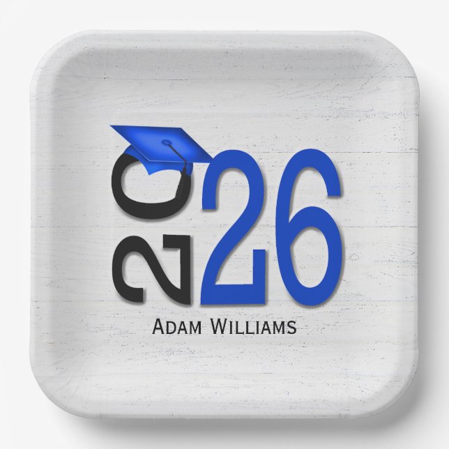 Graduation 2026 Blue and Black On Wood Paper Plates (Front)