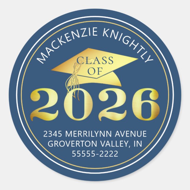 Graduation 2026 Blue Faux Gold Foil Address Classic Round Sticker (Front)