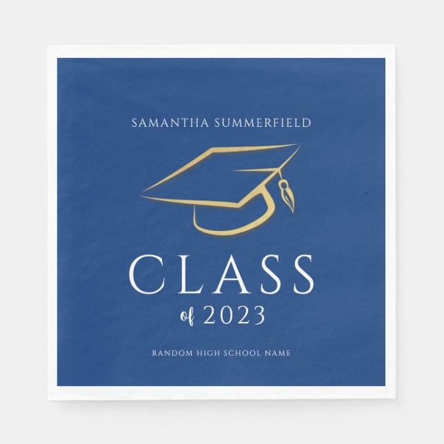 Graduation 2026 Blue Gold Cap Grad Party Paper Napkins (Front)