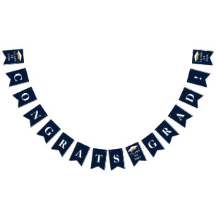 Graduation 2026 Congrats Grad Navy Blue White Bunting Flags