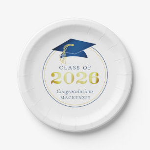 Graduation 2026 Faux Metallic Blue Gold Paper Plates