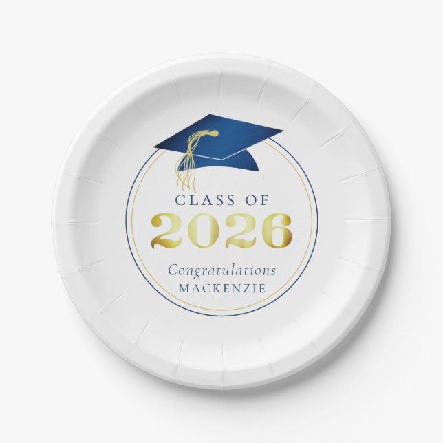Graduation 2026 Faux Metallic Blue Gold Paper Plates (Front)